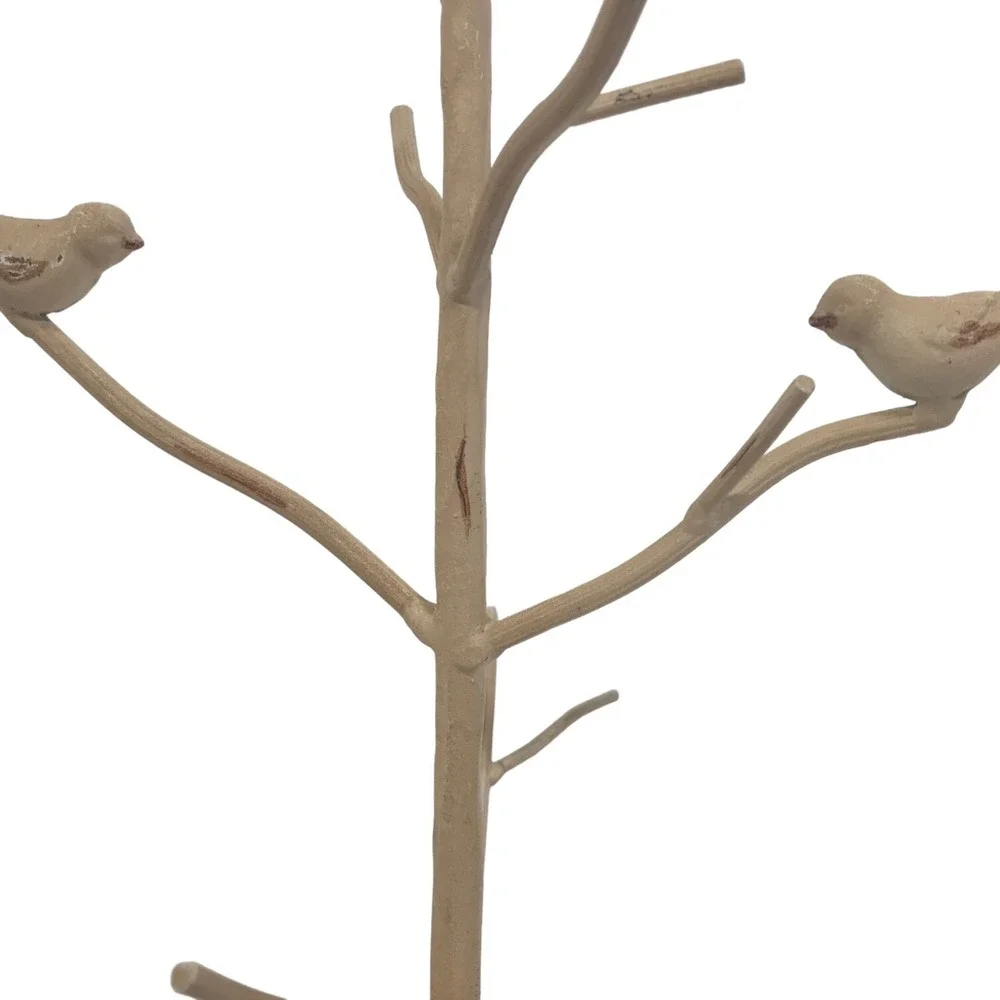 Vintage Metal Bird Jewelry Tree Stand Distressed Cream Farmhouse Decor 12.5in